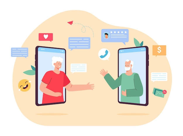 Video call between old grandfather and grandmother. conference of elder couple waving hands on screens of mobile phones flat vector illustration. online chat, virtual communication, family concept