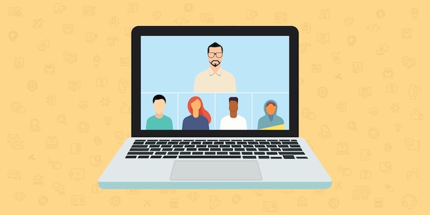 video call people in laptop in a flat design online meeting in laptop