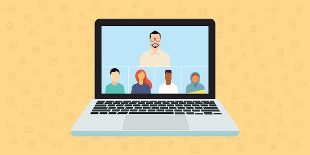 Video call people in laptop in a flat design Online meeting in laptop