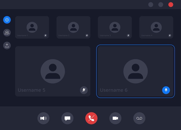 Экран видеозвонка Пользовательский интерфейс приложения для видеоконференций и веб-конференций для чата с кнопками и наложением экрана пользователя Векторный макет