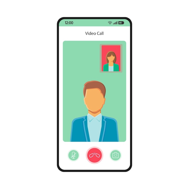 Vector video call smartphone interface vector template. mobile app page white design layout. conference, online video chat screen. flat ui for application. mute, decline, change camera. phone display
