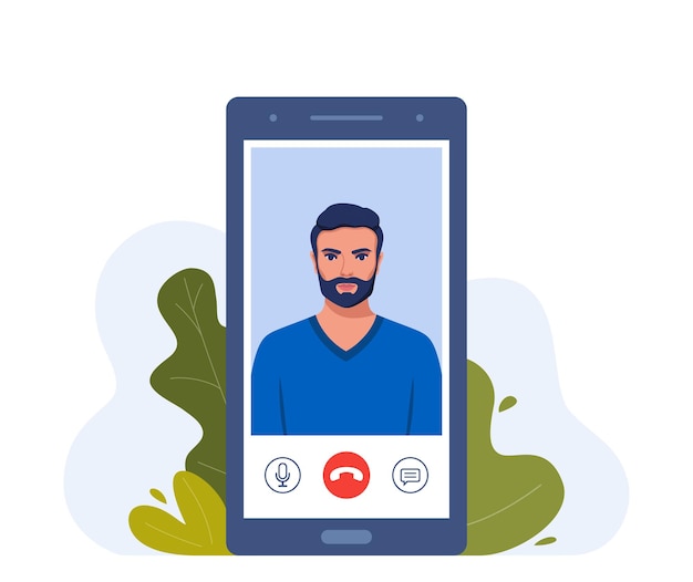 Vector video call on smartphone young man on smartphone screen with connection icons communication online