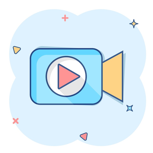 Icona della videocamera in stile fumetto pittogramma di illustrazione del fumetto vettoriale per la riproduzione di film effetto splash del concetto aziendale di streaming video