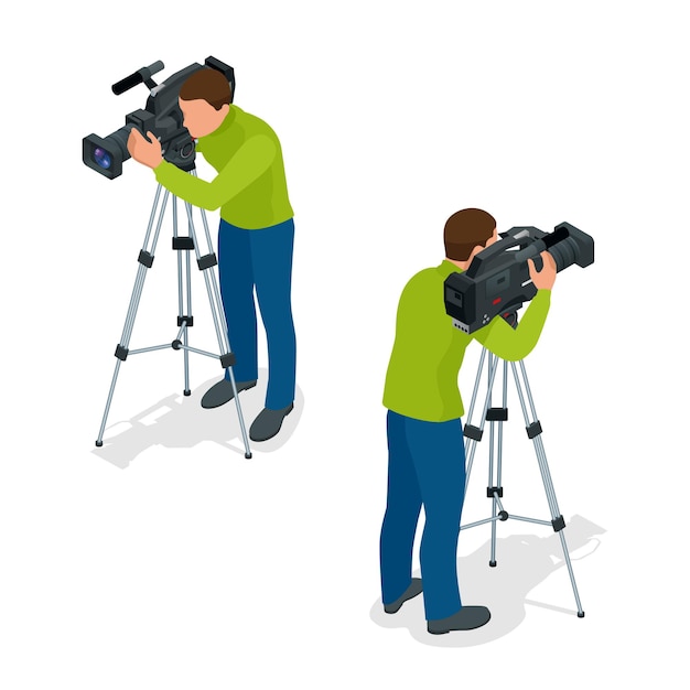 Vector video camera operator working with his professional equipment isolated on white background. flat 3d vector isometric illustration