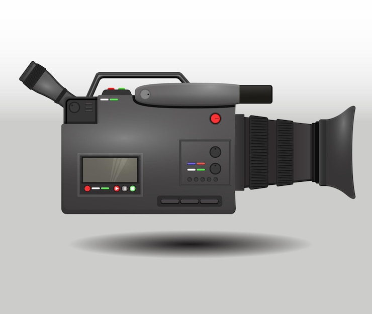 Vector 비디오 카메라 레코더 현실적인 디자인, 마이크와 뷰 파인더가 있는 카메라 비디오 레코더