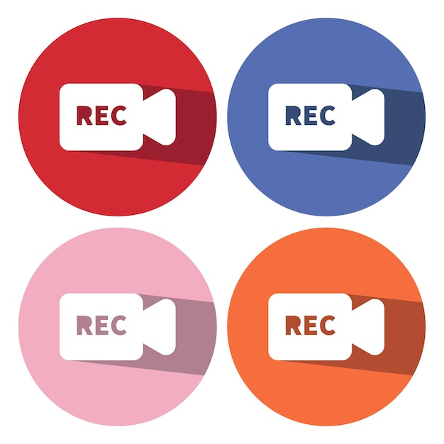 Video camera sign icon Video content button Circle buttons with long shadow 4 icons set Vector