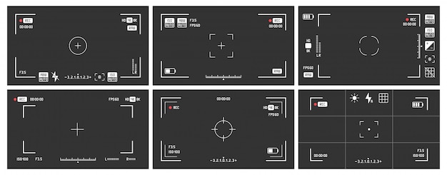 ビデオカメラのファインダー。録画ビューフレーム、シネマレック表示画面、デジタル一眼レフカムビューファインダーベクトルセット