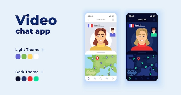 ビデオチャットアプリ漫画スマートフォンインターフェースベクトルテンプレートセット。モバイルアプリの画面ページの日とダークモードのデザイン。アプリケーションの仮想UIの世界を探索してください。フラットな文字の電話ディスプレイ