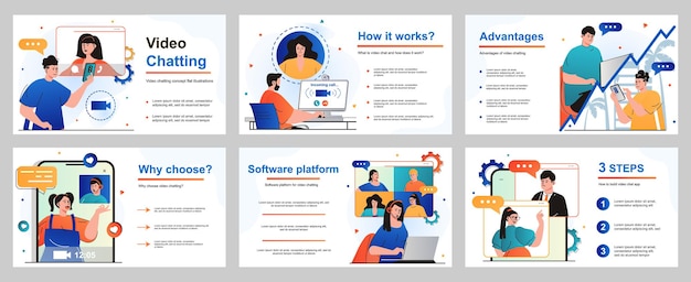 プレゼンテーションスライドテンプレートのビデオチャットの概念友人や同僚と話している人々