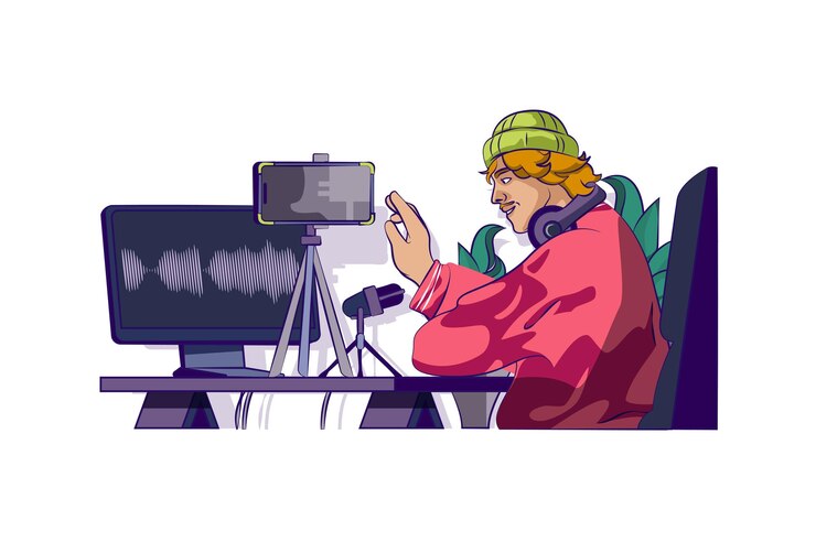 Vector video communication concept with people scene in flat cartoon design for web man calling by video zoom using computer and microphone vector illustration for social media banner marketing material