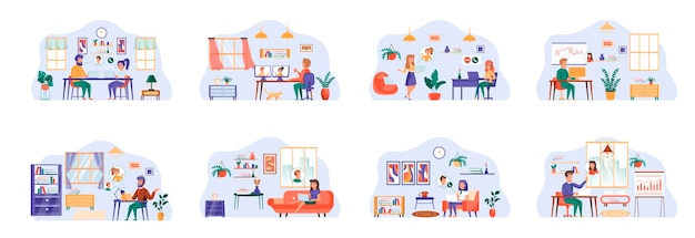 Video conference bundle of scenes with flat people characters