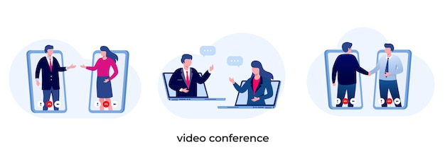 Concetto di videoconferenza persone sullo schermo del computer che prendono con il collega videoconferenza e pagina vettoriale dell'area di lavoro per riunioni online