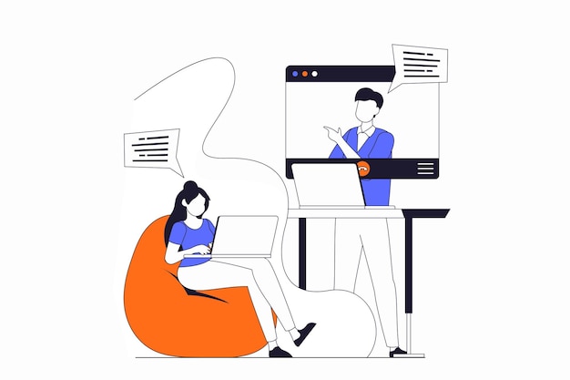 Video conference concept with people scene in flat outline design