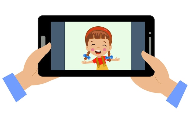 ビデオ会議 友人とのビデオ通話にタブレットを使用するかわいい小さな子供 子供たちの幸せな笑顔 画面上の女の子の顔を話すためのインターネット技術を使用して 電話のためのベクトル漫画のイラスト