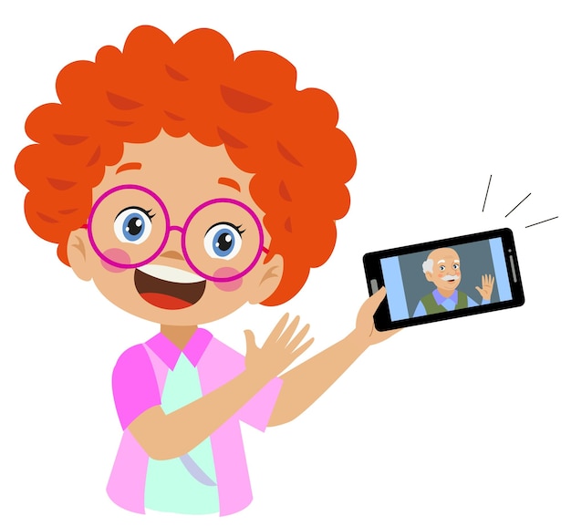 Video conference cute little kid using tablet for video call with friend children happy smile using internet technology for talking girl face on screen vector cartoon illustration for call