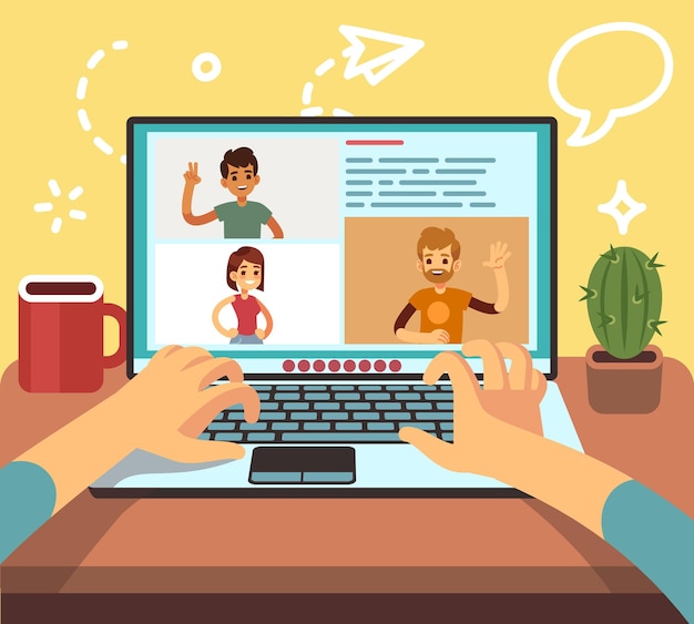 Video conference. friends call online, family chatting. business corporate remote work, freelancers live stream. distance teamwork, people on laptop vector illustration. people online communication