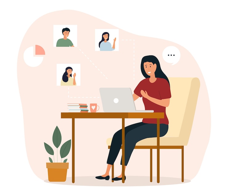 Vector video conference from home online meeting with colleagues remote work or freelance woman sitting at