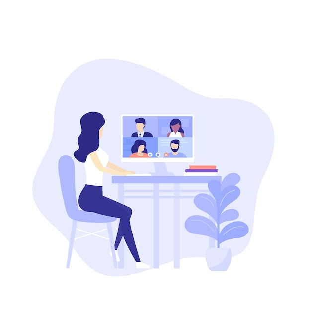 Video conference, girl at online meeting, remote work, video call, vector illustration