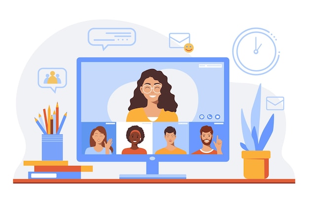 video conference group video chat business team faces video meeting online on laptop screen