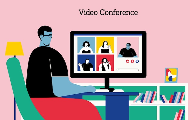 Vector video conference illustration. workplace, laptop screen, group of people talking over the internet.