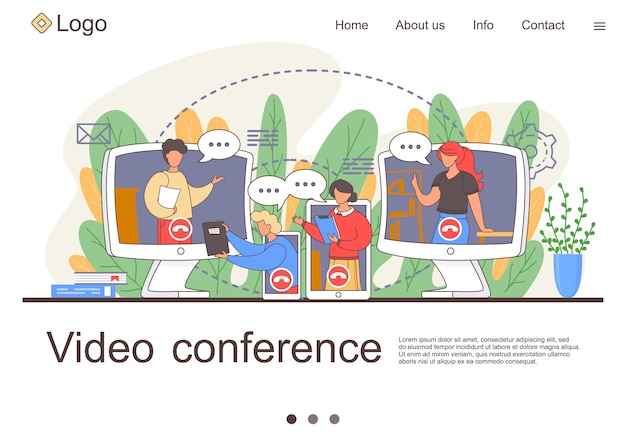 Vector video conference landing. online business conference. online webinar. people listen to the lecturer