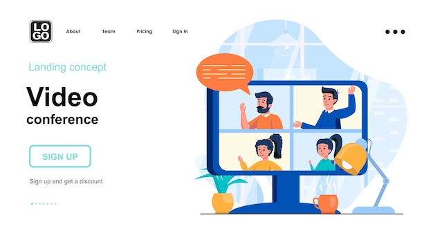 Vector video conference landing page template flat design