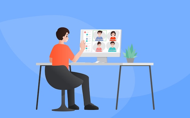 Concetto di design piatto dell'illustrazione online di riunione di videoconferenza. gruppo di persone sullo schermo del computer che prende con il lavoratore. il leader lavora da casa incontrando online i dipendenti su un personal computer.