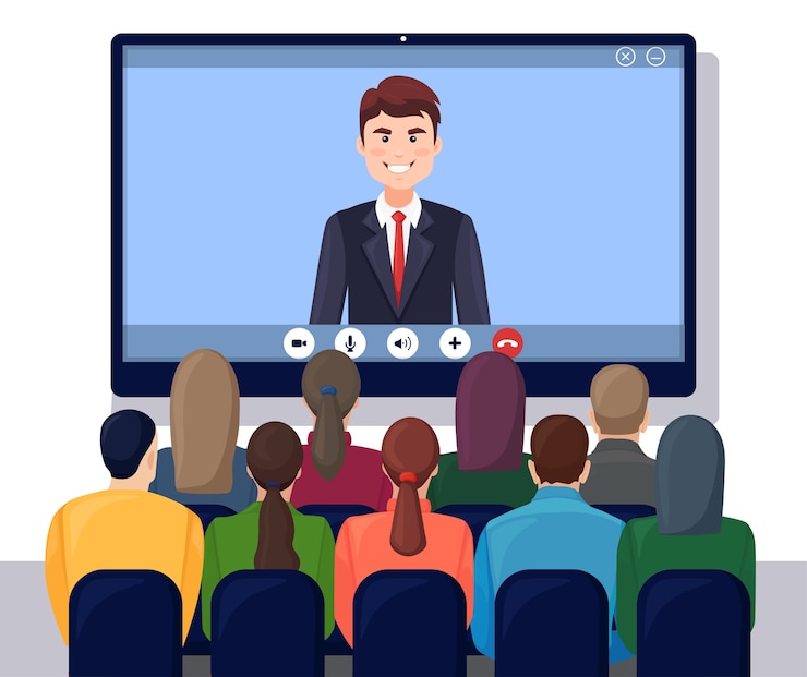 Vector video conference meeting with ceo, boss. consulting, training, presentation concept
