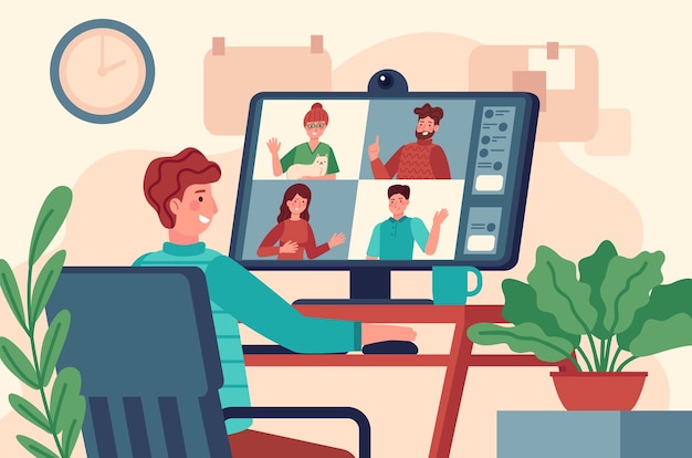 Video conferenza. gli uomini al monitor tengono riunioni virtuali collettive, chat online di lavoro remoto, teleconferenza sul concetto di vettore dello schermo. formazione online sul computer dal posto di lavoro di casa