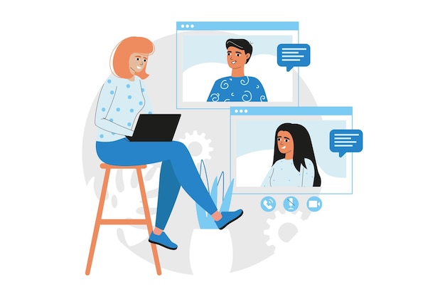 Video conference minimalistic concept with people scene in the flat cartoon style