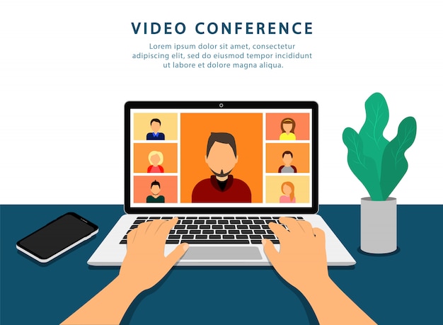 Видеоконференция на ноутбуке. онлайн встреча. карантин. макет видео звонков.