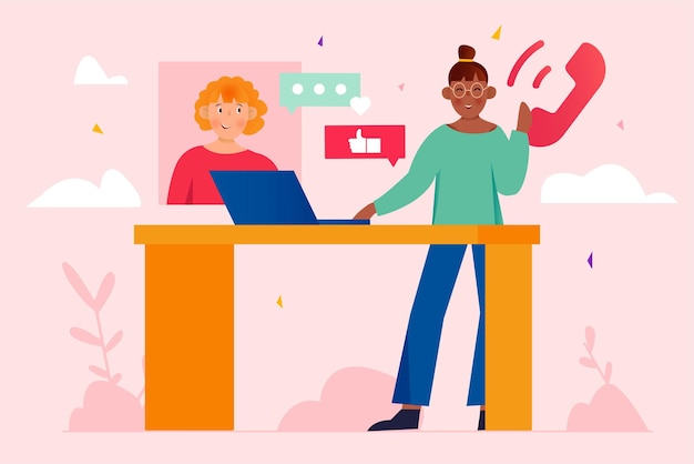 Video conference pink concept with people scene in the flat cartoon design