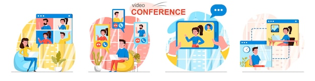 Vector video conference scenes set in flat style