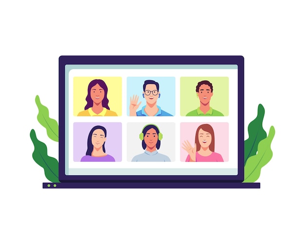 Video conference and virtual communication concept. Remote communication on the internet, Friends talking online. Vector illustration in a flat style