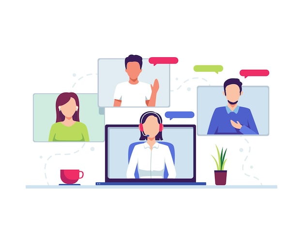 Videoconferenza e concetto di comunicazione virtuale. comunicazione remota su internet. riunione online, lavoro da casa. illustrazione vettoriale in uno stile piatto