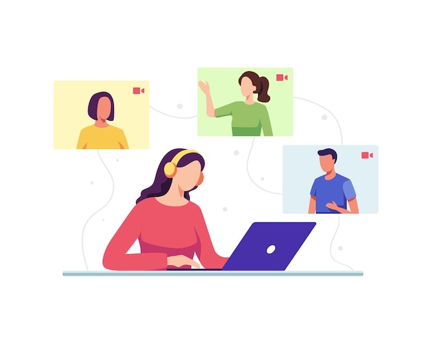 Videoconferenza e concetto di comunicazione virtuale. giovane donna con gli amici in una chat video, amici che parlano online. illustrazione vettoriale in uno stile piatto