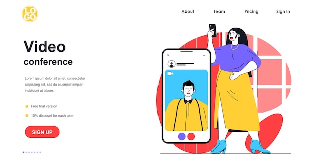 Video conference web banner concept. woman makes video call and talking with man using mobile phone. online communication landing page template. vector illustration with people scene in flat design