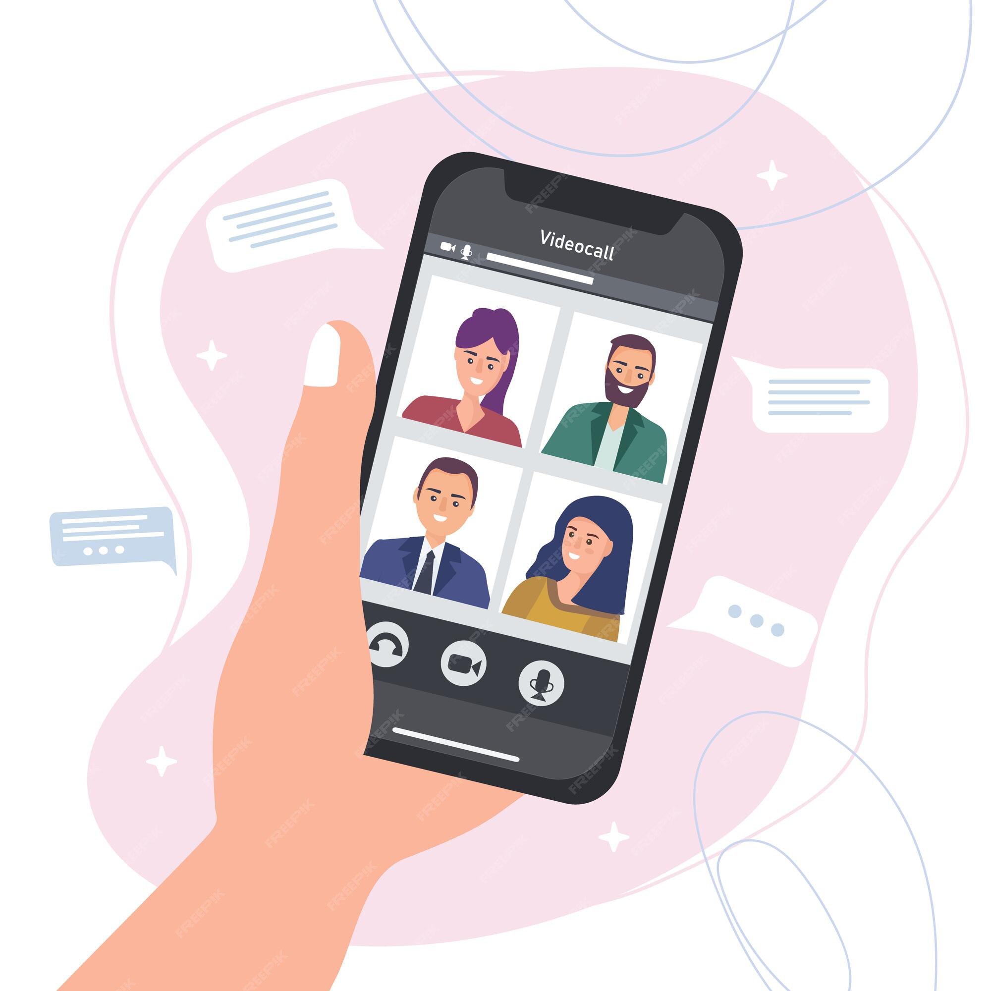 Group of people chatting online. Mobile app messenger. Cellphone screen  with friends talking by internet. Using smartphone for virtual meeting with  boy, girl, colleague, relatives. Vector illustration Stock Vector