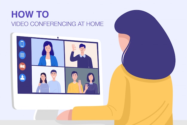 Vector video conferencing at home, close-up woman having video call meeting with clients at home.