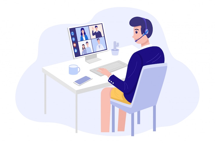 Vector video conferencing at home, man having video call meeting with clients at home. 