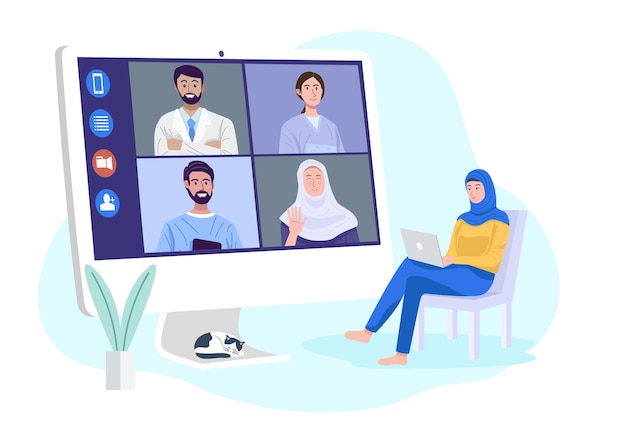 Video conferencing at home Muslim woman having video call meeting with clients at home Vector