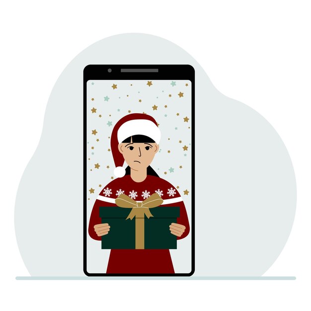 Vector video congratulations merry christmas or new year mobile phone with a woman in a red cap with a gift box the concept of a safe celebration online congratulations