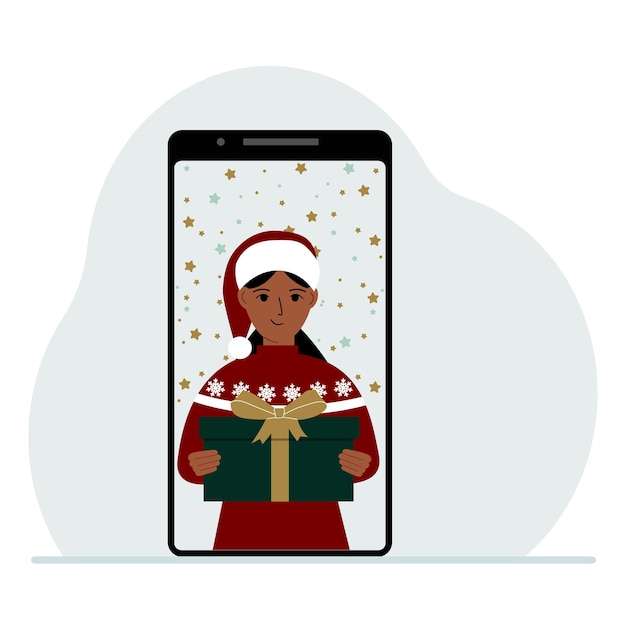 Vettore congratulazioni video buon natale o capodanno telefono cellulare con una donna con un berretto rosso con una confezione regalo il concetto di una celebrazione sicura congratulazioni online