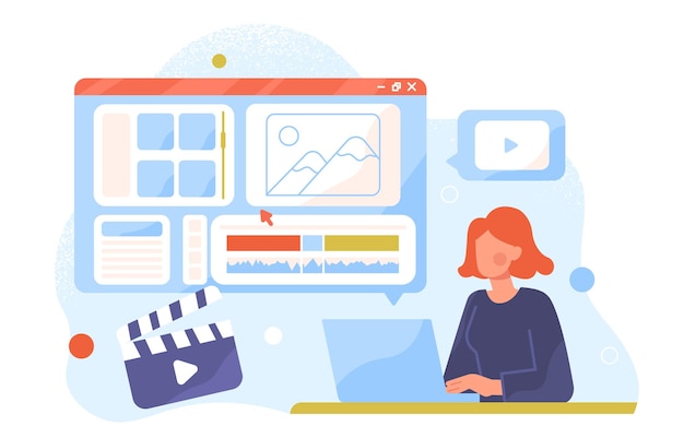 Vector video creator concept woman at laptop creates animations from images remote employee and freelancer in workplace character creates interesting content cartoon flat vector illustration