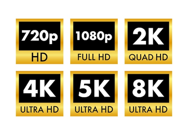 Vector video dimension labels video resolution 720 1080 2k 4k 8k badges quality design element