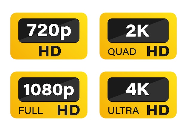 Video dimension labels Video resolution 720 1080 2k 4k badges Quality of display and monitor