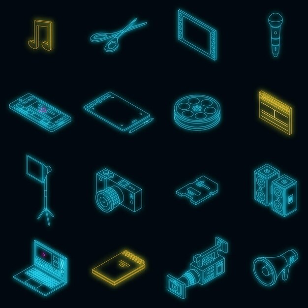 Video editing icons set vector neon