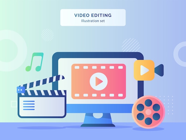 Vector video editing illustration set video on computer screen background of camera filmstrip music with flat style design