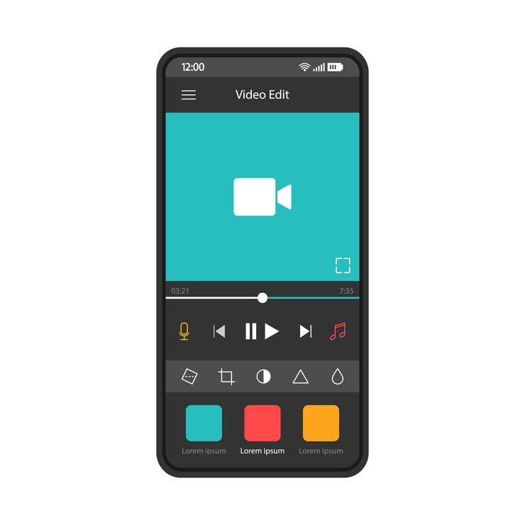 Vector video editing smartphone app interface vector template mobile camera application interface blue design layout video editor maker software screen flat ui phone display with media player