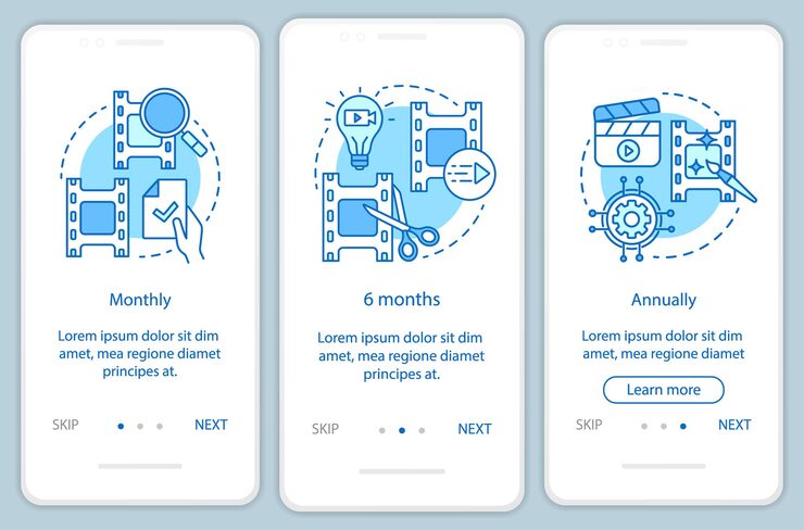 Vector 선형 개념의 비디오 편집기 구독 온보딩 모바일 앱 페이지 화면. 세 가지 연습 단계 그래픽 지침. 월별, 연간 요금. 삽화가 있는 ux, ui, gui 벡터 템플릿